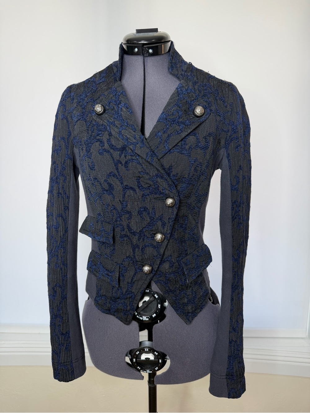 Free People Navy and Charcoal Textured Military-Style Blazer